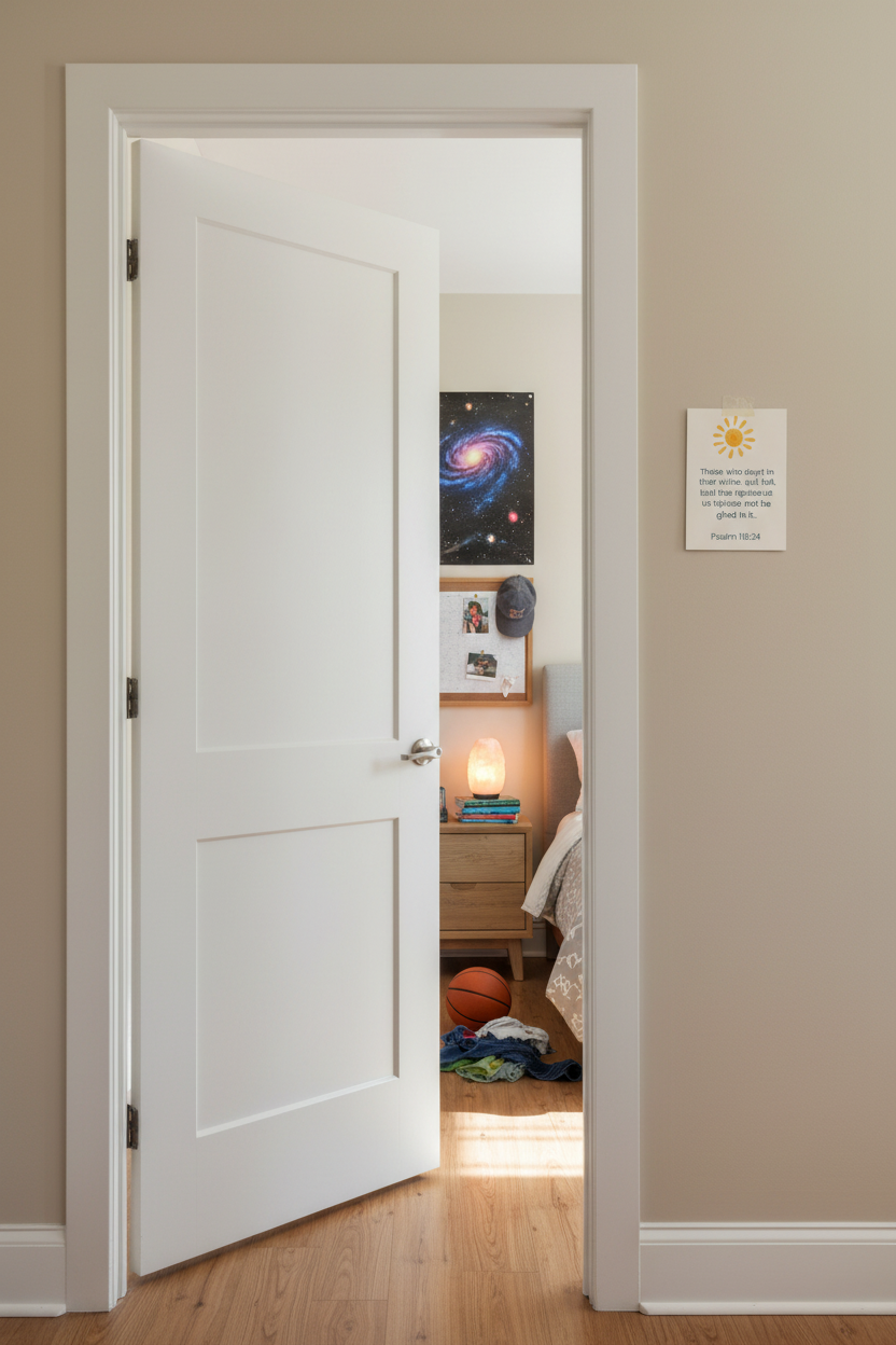 Bible verse card on preteen's bedroom door as daily encouragement