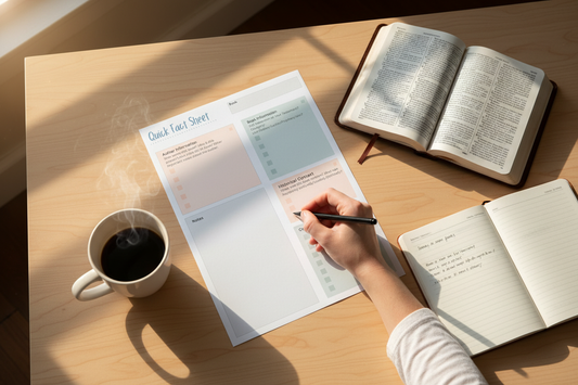 Bible Study Quick Fact Sheet on table