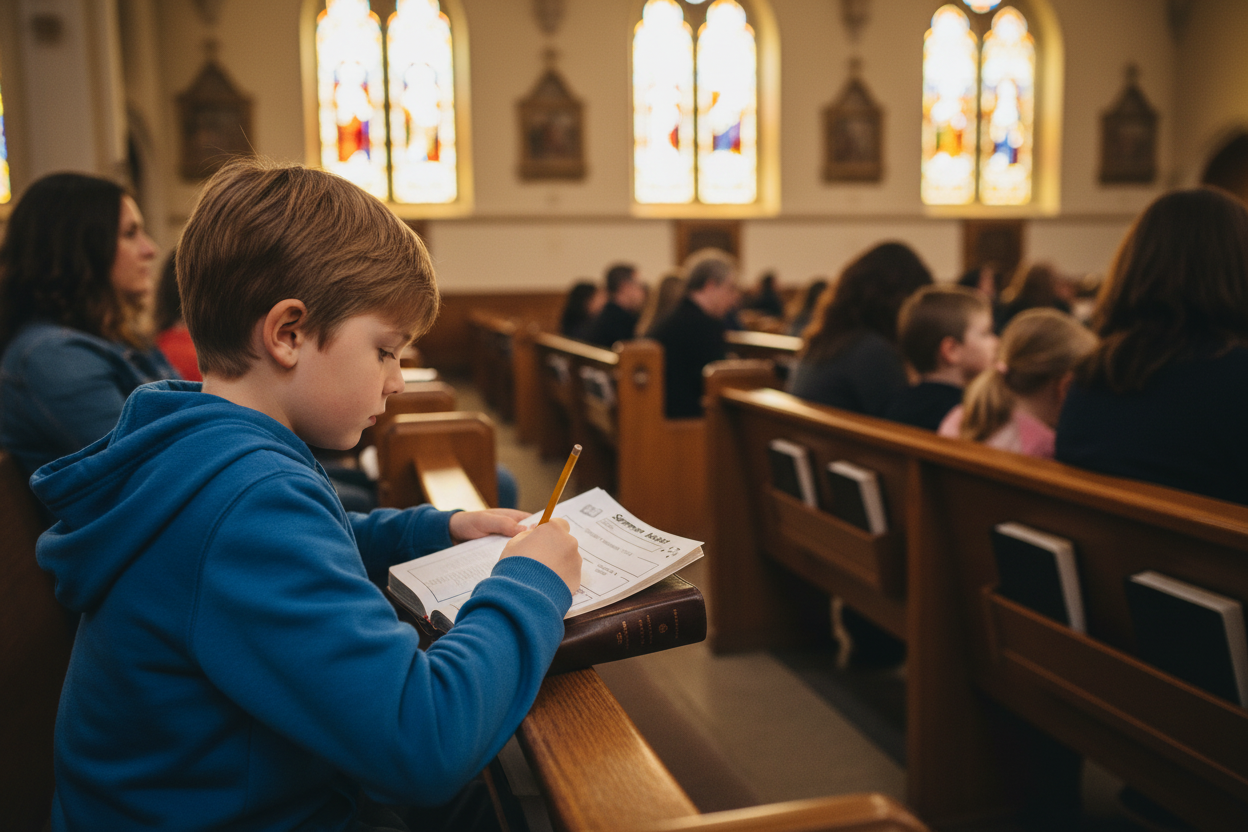 Child using sermon notes with church congregation