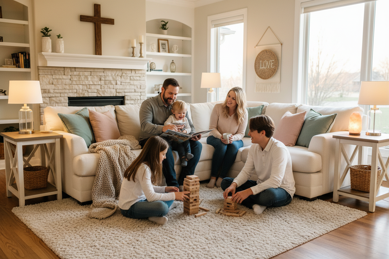 evening family time in a cozy living room with various ages of children