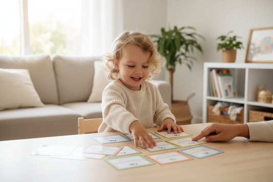 Child learning with Alphabet Bible Verses cards in a warm family setting