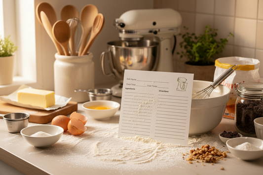 Recipe card being used on messy baking counter with flour and ingredients