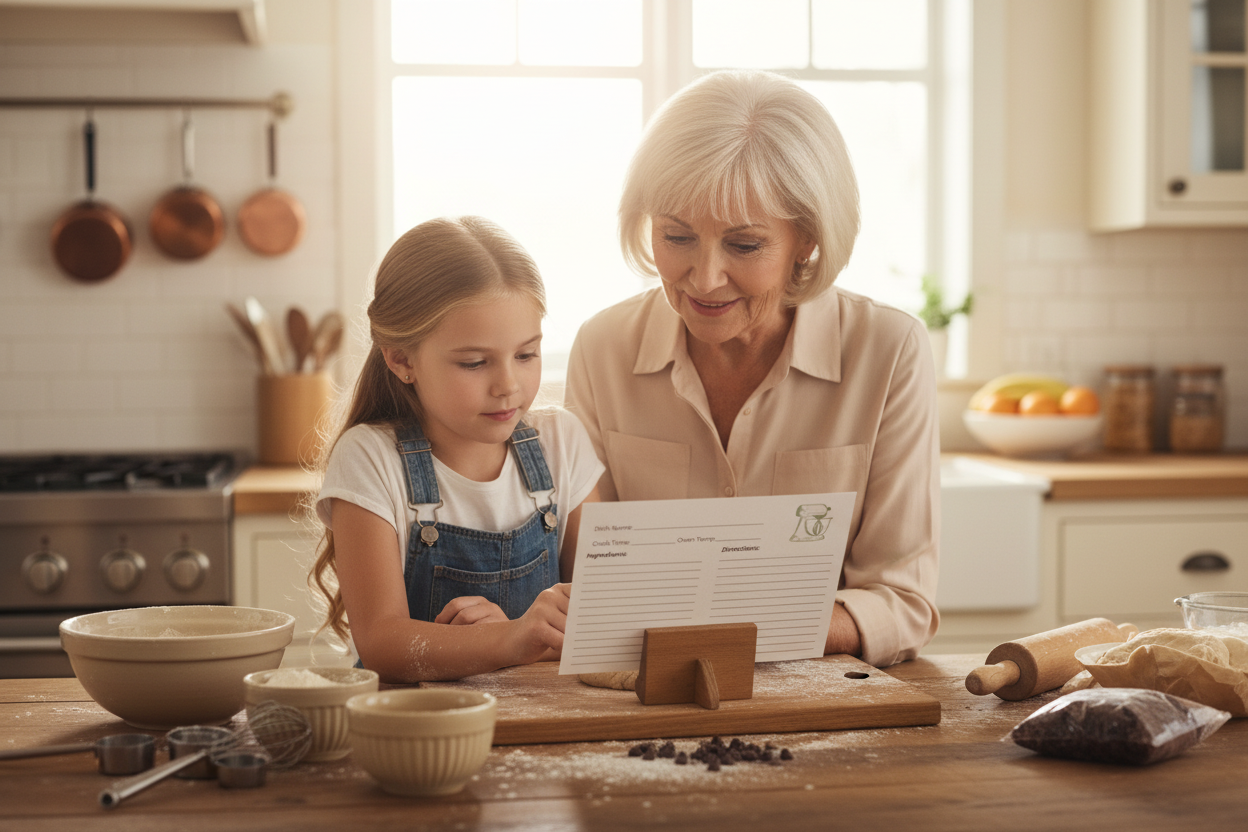 Grandmother and granddaughter baking together using recipe card