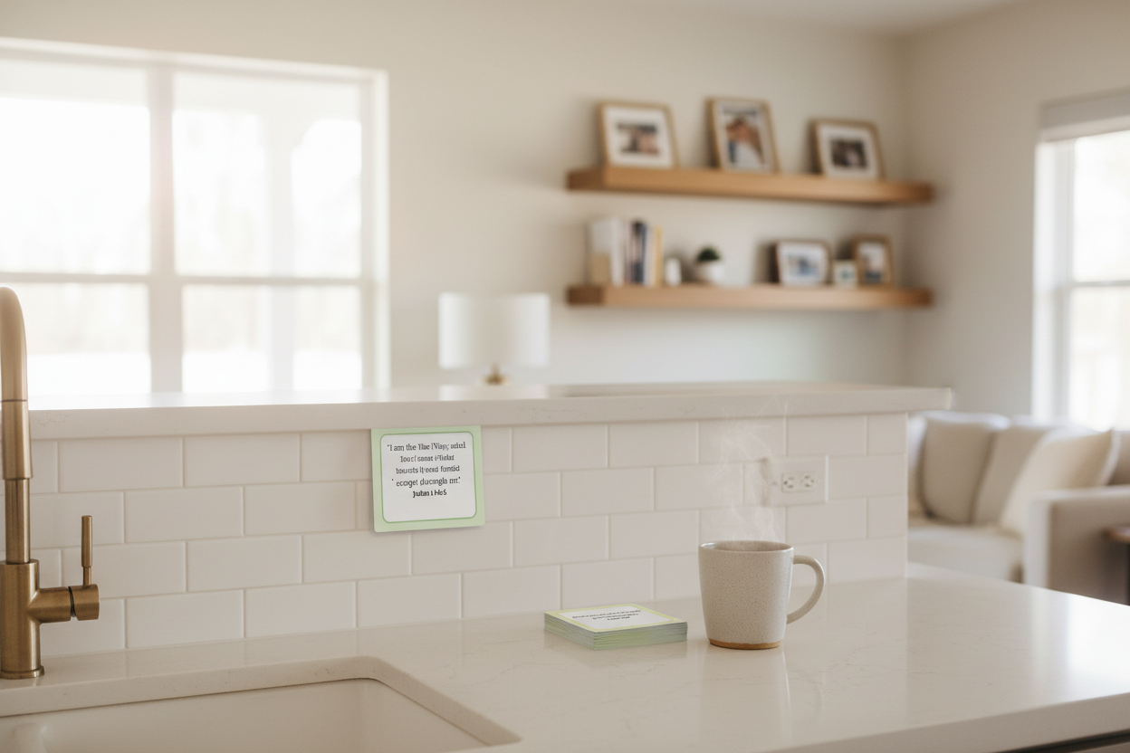 Monthly scripture cards displayed in a warm family home setting