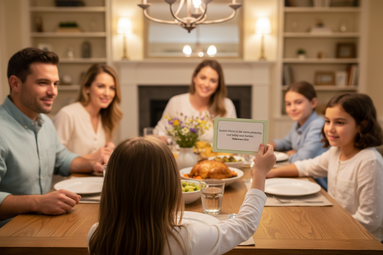 Little girl holding scripture card with family gathered at dinner table