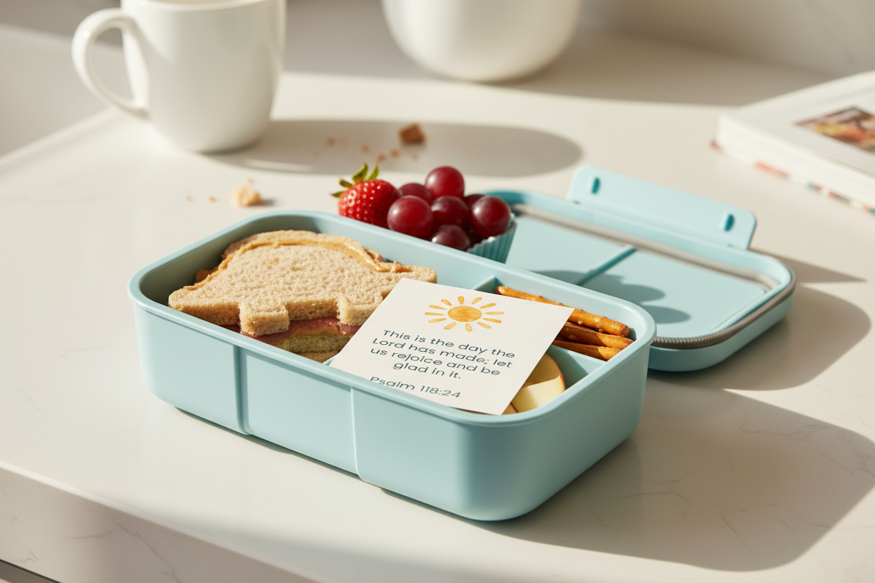 Pastel Bible verse card tucked in child's lunchbox as an encouraging note