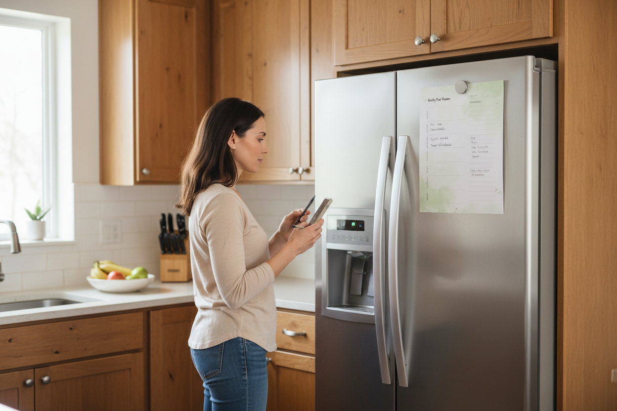 Weekly meal planner on refrigerator with accurate sizing